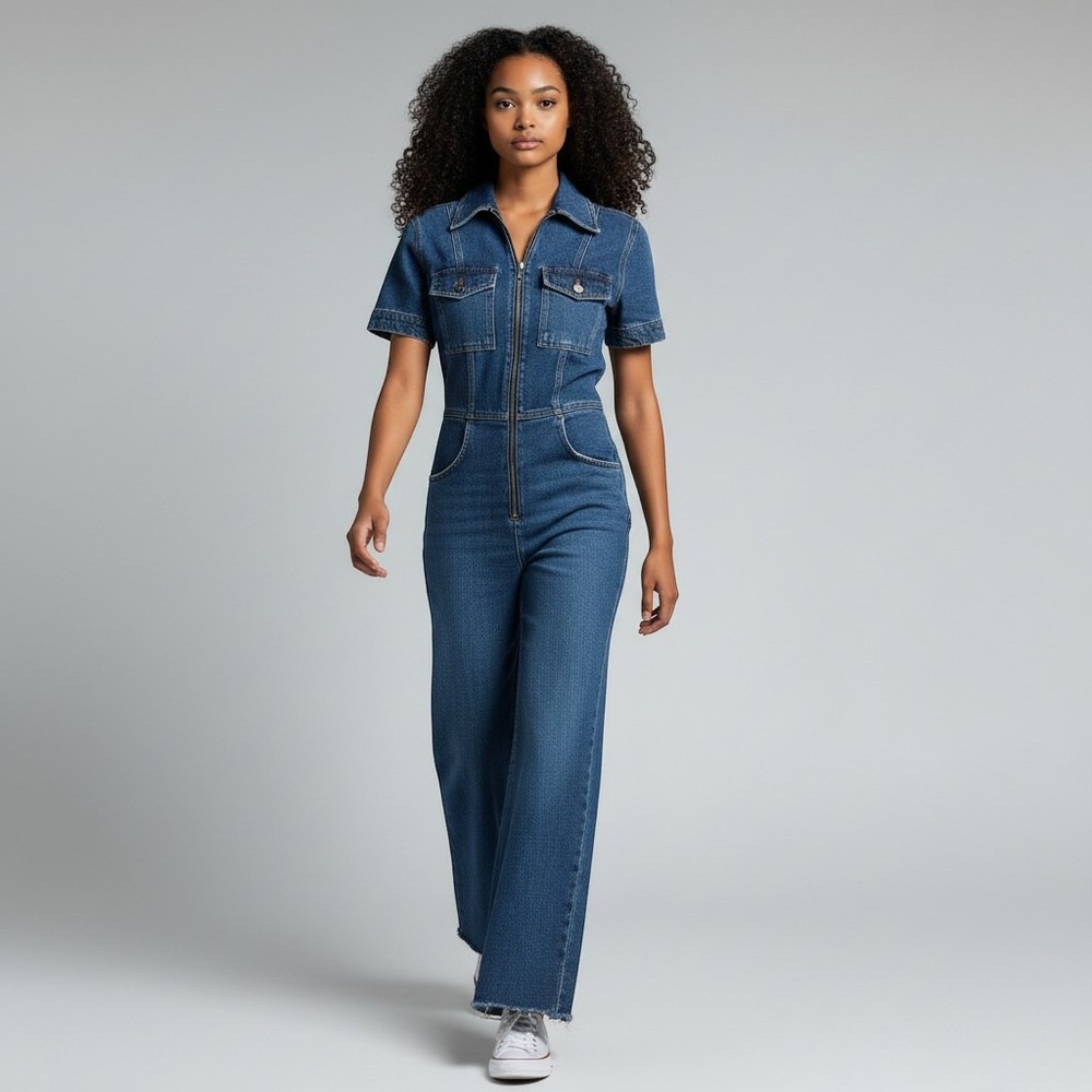 Reformation Denim Georgia Jumpsuit Womens 0 Kasai Blue Wide Leg Zip Front
